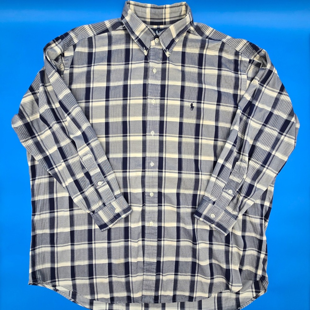 Ralph Lauren Blake Plaid Button Down Shirt XL Navy‎ Blue Cream Cotton LS
